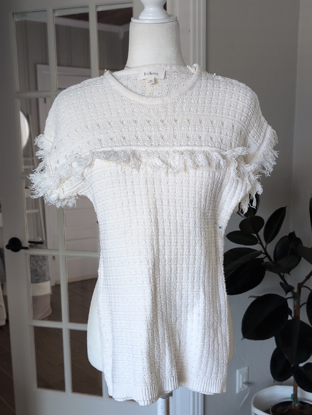 bohme Cream Fringe Knit Short Sleeve Knit Top Xs